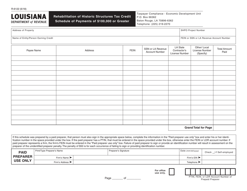 Form R-6122 Rehabilitation of Historic Structures Tax Credit Schedule of Payments of $100,000 or Greater - Louisiana