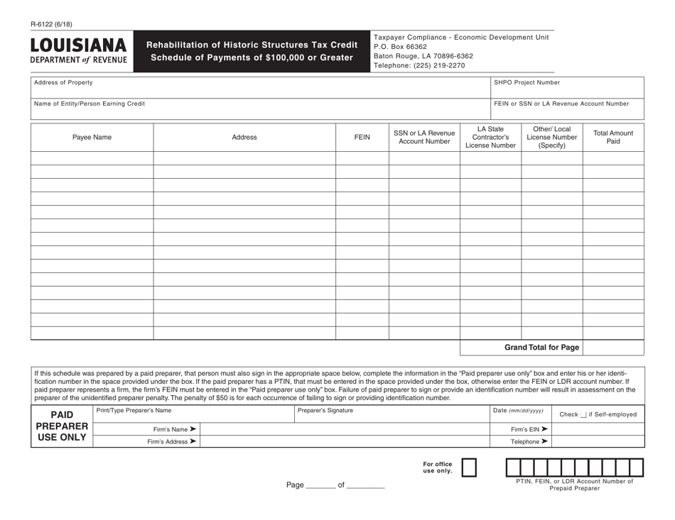 Form R-6122 Rehabilitation of Historic Structures Tax Credit Schedule of Payments of $100,000 or Greater - Louisiana, Page 1