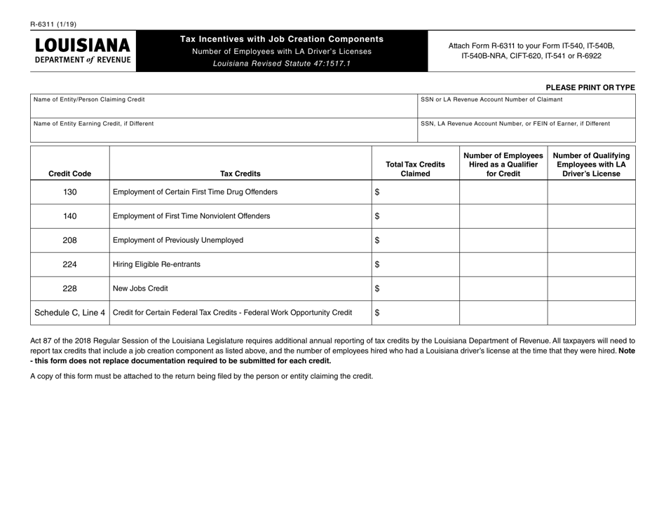 Form R-6311 Tax Incentives With Job Creation Component - Louisiana, Page 1