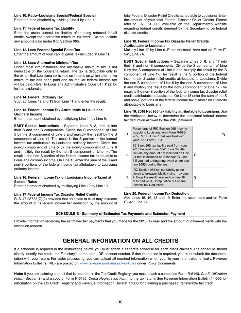 Instructions for Form IT-541 Fiduciary Income Tax Return - Louisiana, Page 10