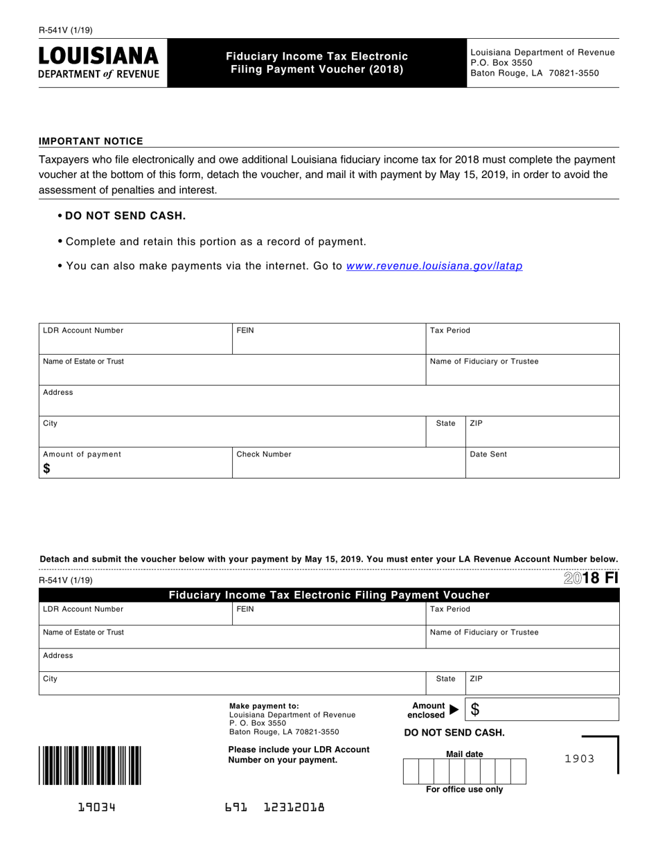 Form R-541V Fiduciary Income Tax Electronic Filing Payment Voucher - Louisiana, Page 1