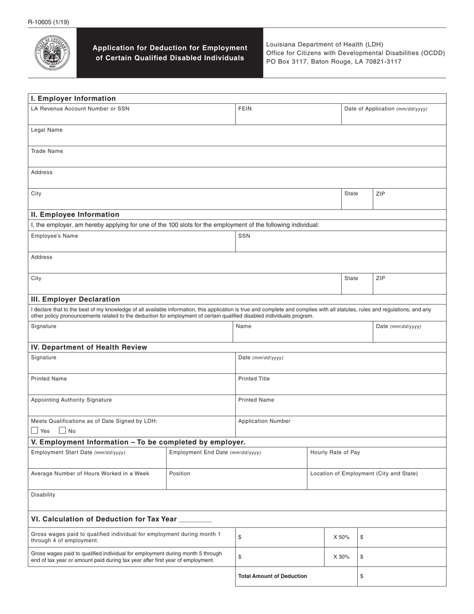 Form R-10605 Application for Deduction for Employment of Certain Qualified Disabled Individuals - Louisiana, Page 1