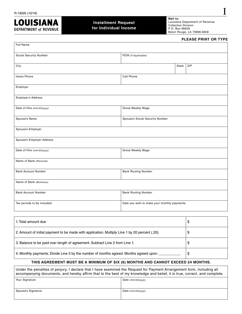 Form R-19026 Installment Request for Individual Income - Louisiana, Page 2