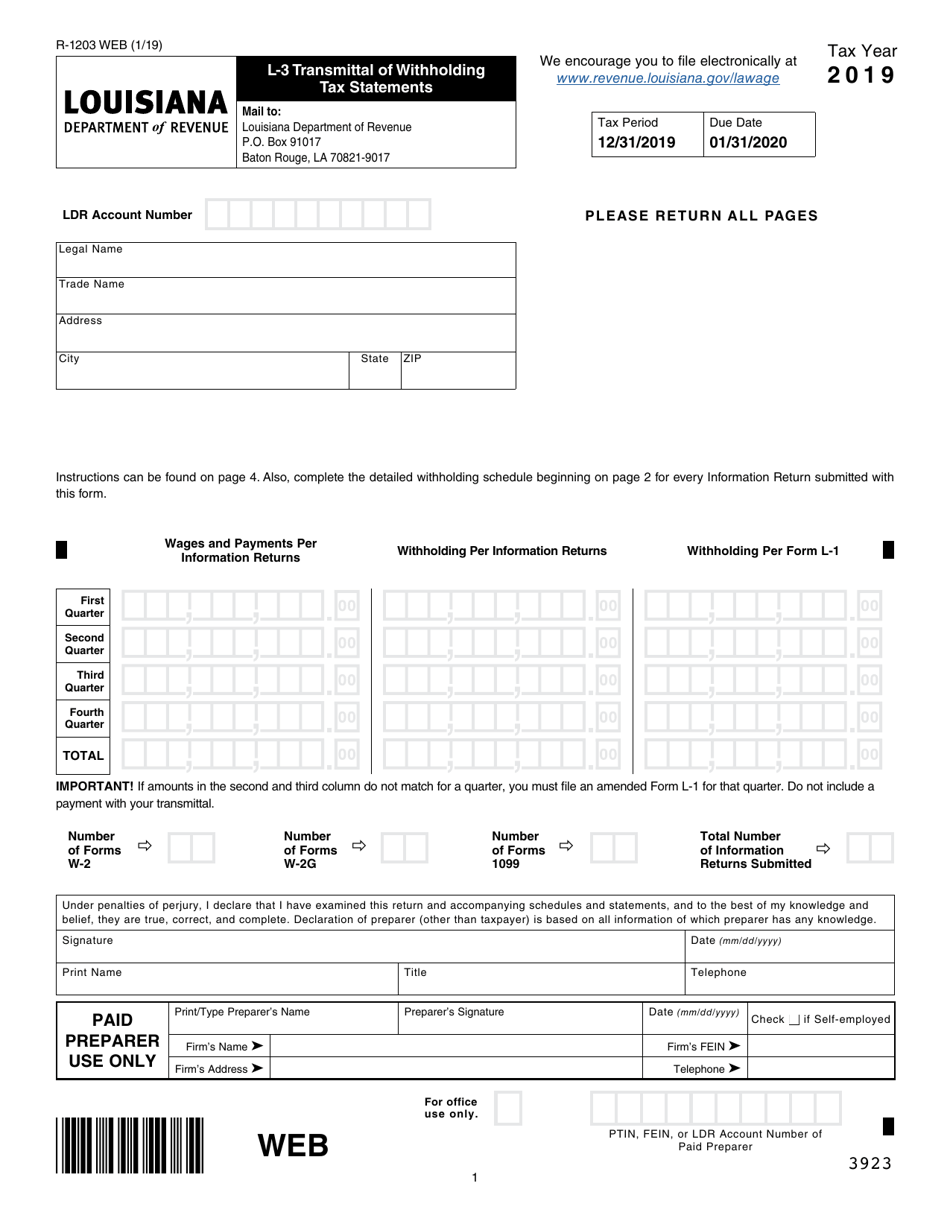 Form L-3 (R-1203 WEB) Transmittal of Withholding Tax Statements - Louisiana, Page 1