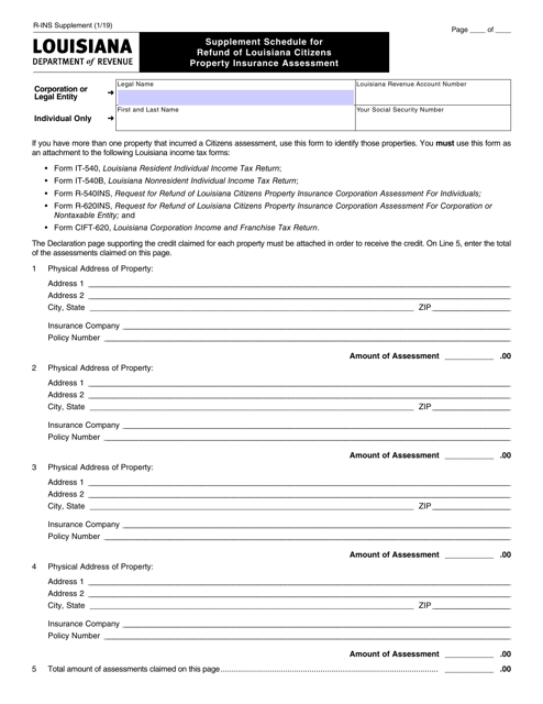 Form R-INS SUPPLEMENT Supplement Schedule for Refund of Louisiana Citizens Property Insurance Assessment - Louisiana