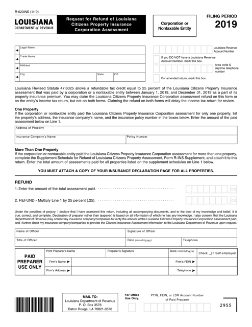 Form R-620INS Request for Refund of Louisiana Citizens Property Insurance Corporation Assessment - Louisiana, 2019