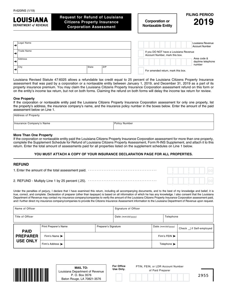 Form R-620INS Request for Refund of Louisiana Citizens Property Insurance Corporation Assessment - Louisiana, Page 1