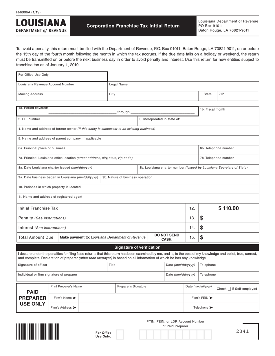 Form R-6906A Corporation Franchise Tax Initial Return - Louisiana, Page 1