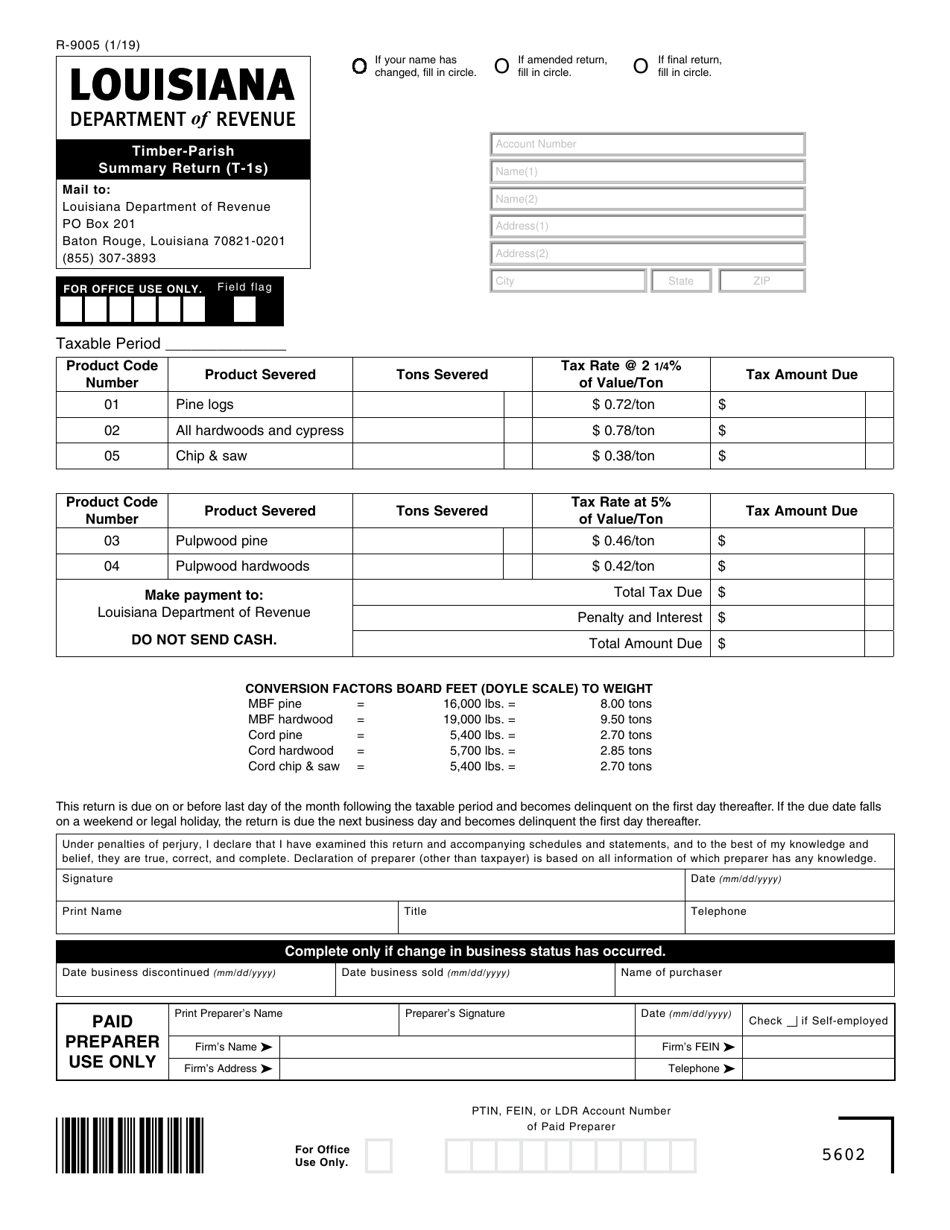 Form R-9005 Timber-Parish Summary Return (T-1s) - Louisiana, Page 1