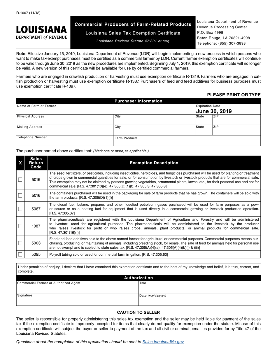 Form R-1007 Commercial Producers of Farm-Related Products - Louisiana Sales Tax Exemption Certificate - Louisiana, Page 1