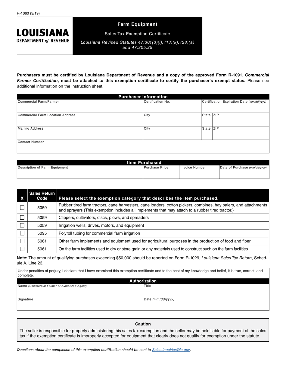 Form R-1060 Farm Equipment Sales Tax Exemption Certificate - Louisiana, Page 1