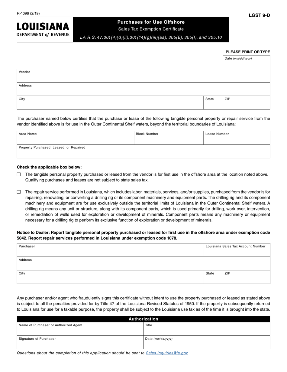 Form R-1096 Purchases for Use Offshore - Sales Tax Exemption Certificate - Louisiana, Page 1