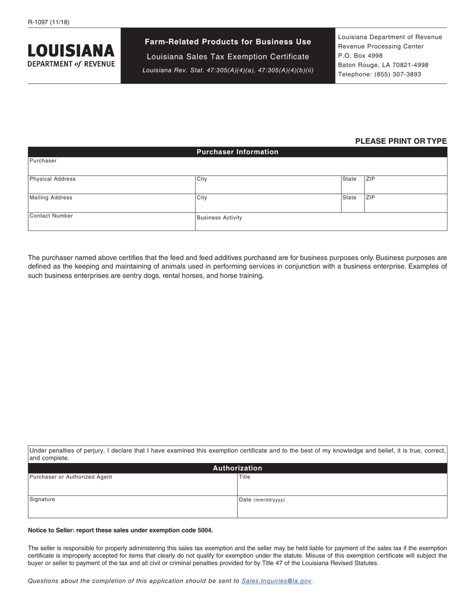 Form R-1097 Farm-Related Products for Business Use - Louisiana Sales Tax Exemption Certificate - Louisiana, Page 1