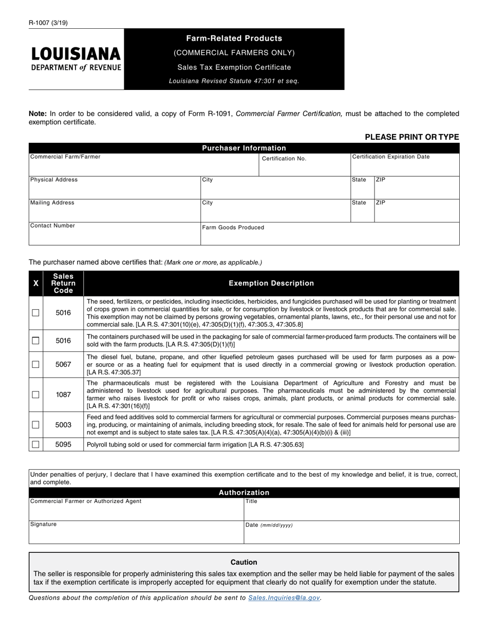 Form R-1007 Farm-Related Products Sales Tax Exemption Certificate - Louisiana, Page 1