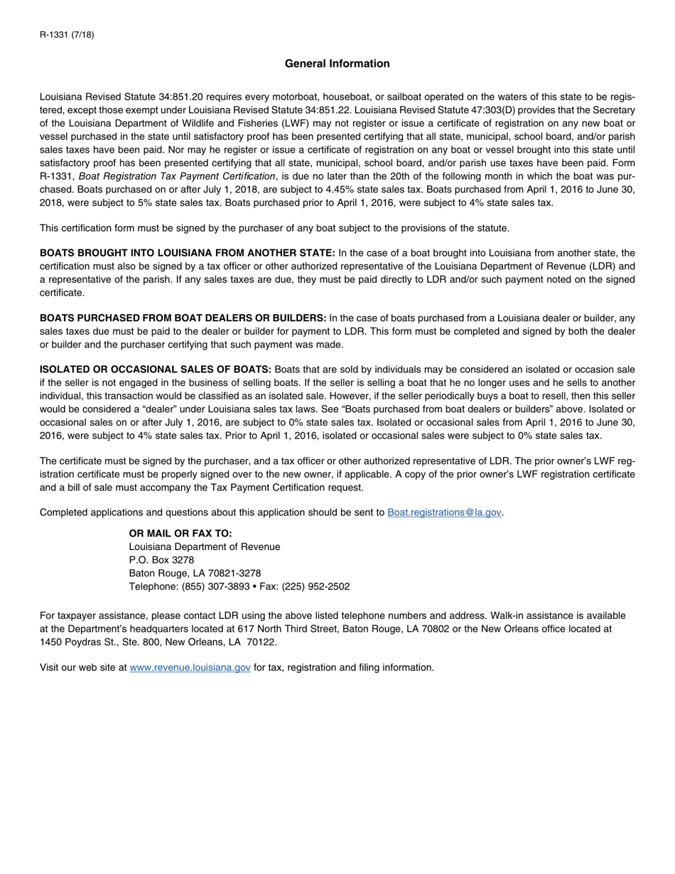 Form R-1331 Boat Registration Tax Payment Certification - Louisiana, Page 2