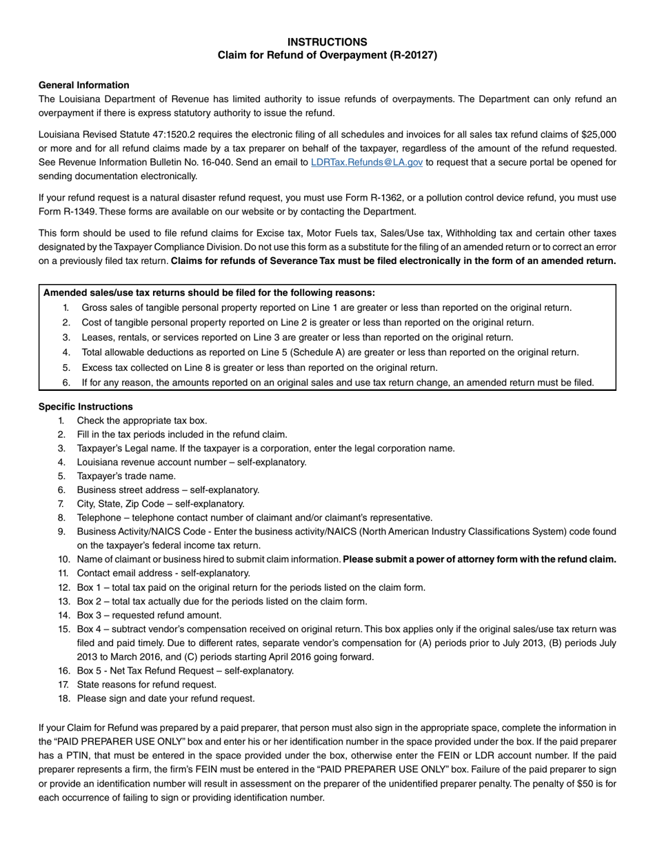 Form R-20127 Claim for Refund of Overpayment - Louisiana, Page 2