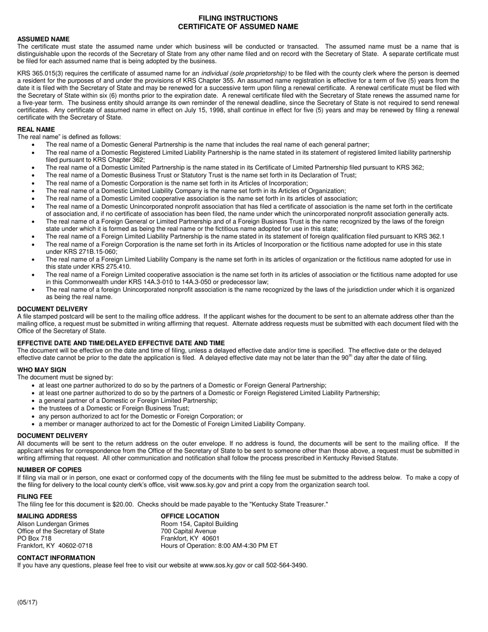 Certificate of Assumed Name (Domestic or Foreign Business Entity) - Kentucky, Page 2