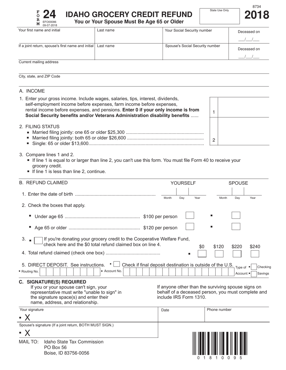 Form EFO00086 (24) Idaho Grocery Credit Refund - Idaho, Page 1