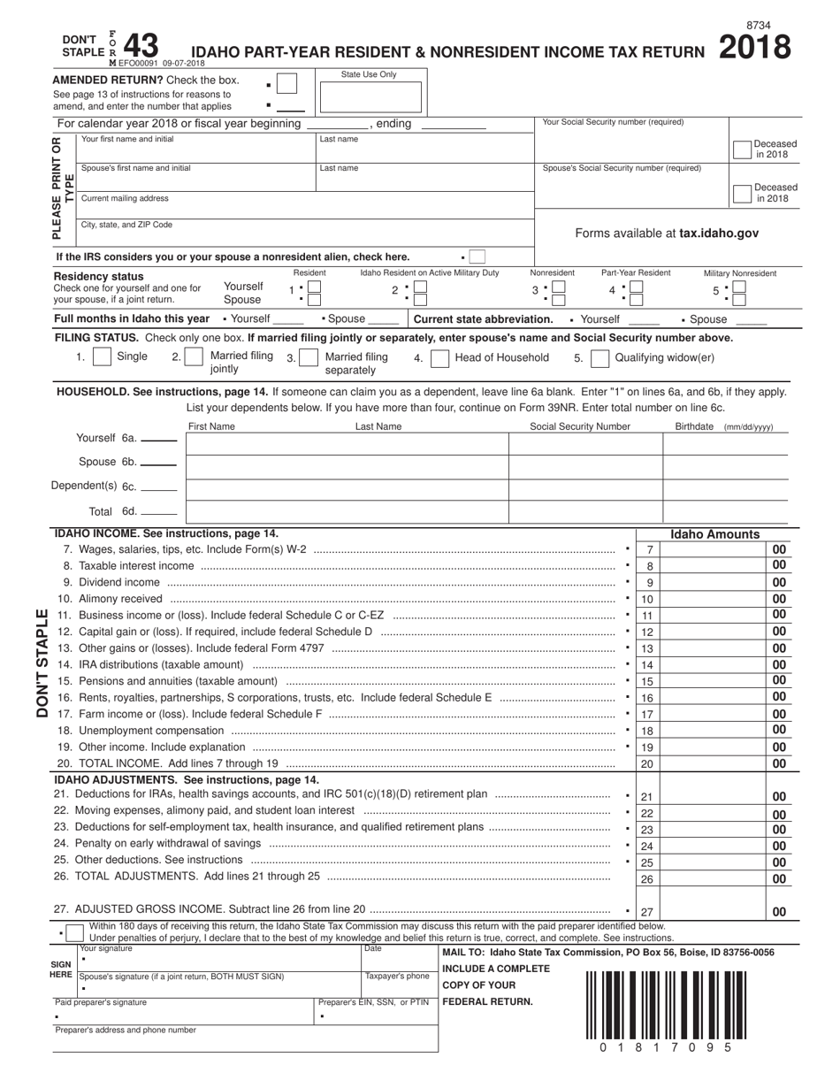 Form EFO00091 (43) Idaho Part-Year Resident  Nonresident Income Tax Return - Idaho, Page 1