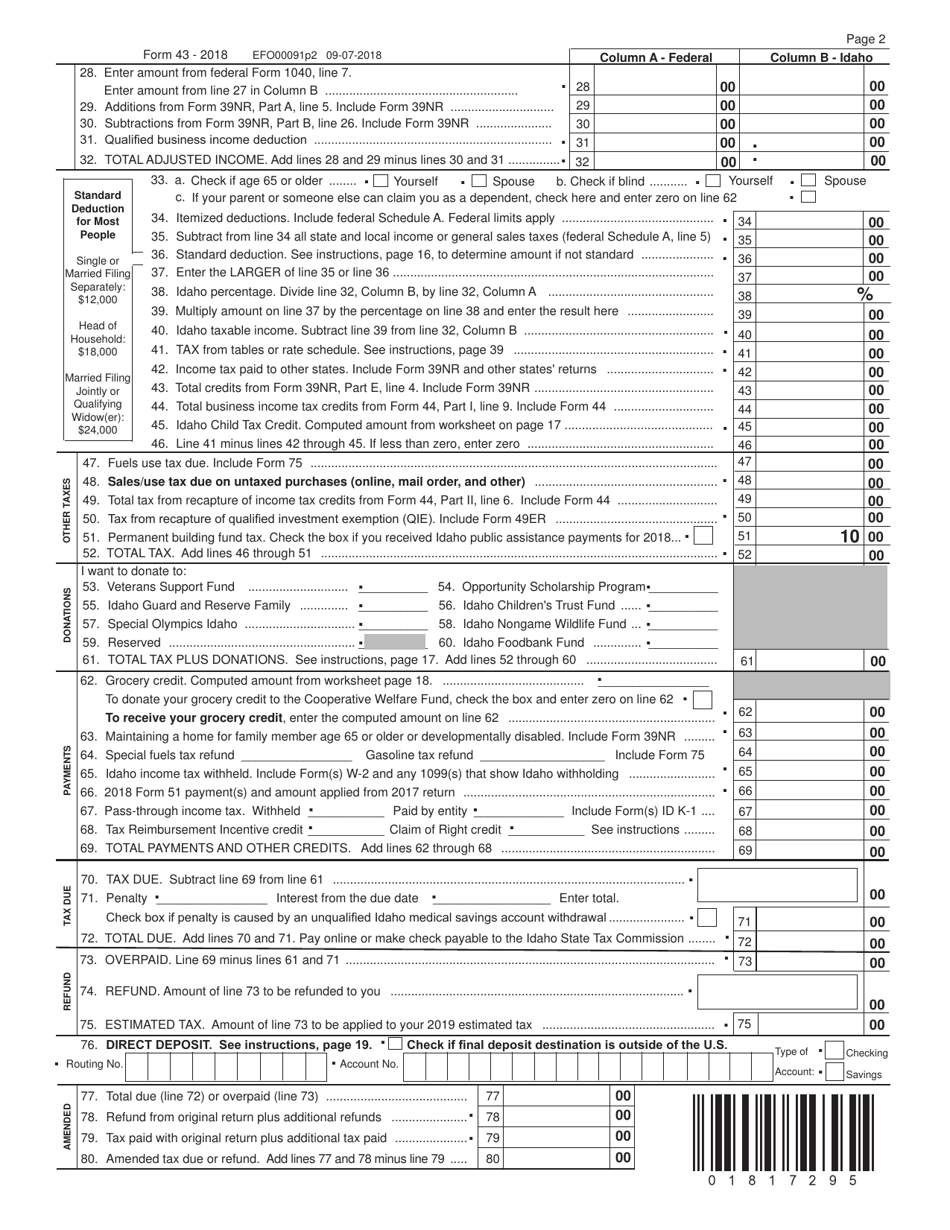 Form EFO00091 (43) Idaho Part-Year Resident  Nonresident Income Tax Return - Idaho, Page 2