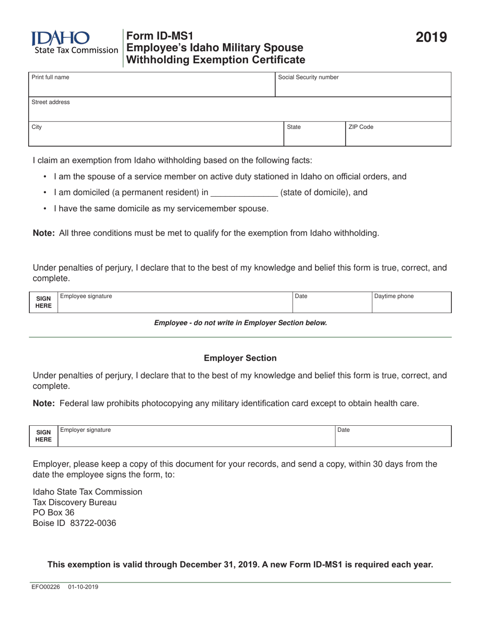 Form ID-MS1 Employees Idaho Military Spouse Withholding Exemption Certificate - Idaho, Page 1