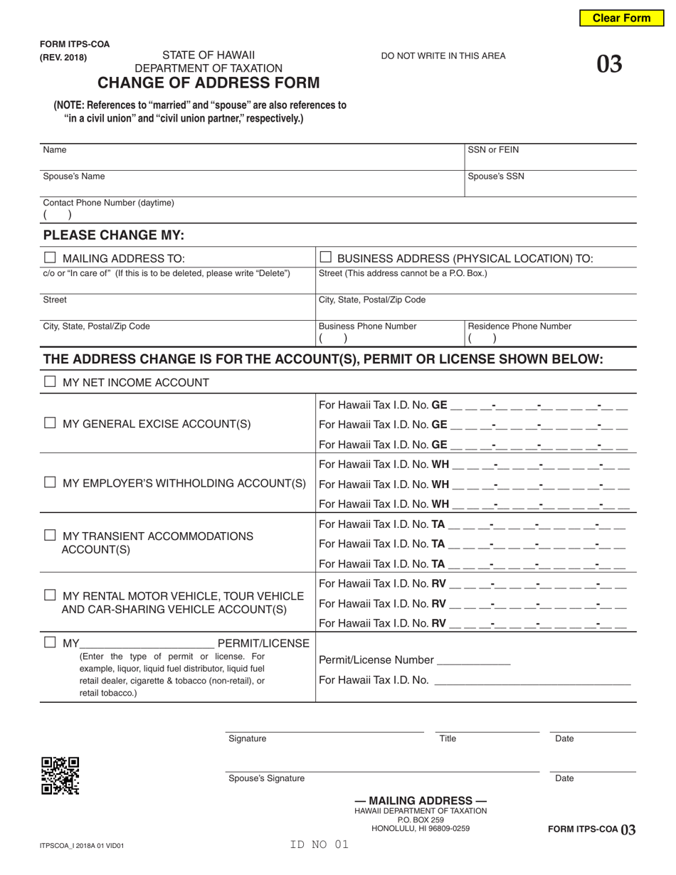 Form ITPS-COA Change of Address Form - Hawaii, Page 1