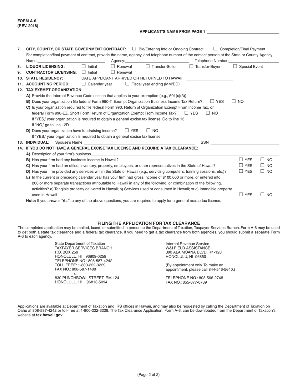 Form A-6 Tax Clearance Application - Hawaii, Page 2