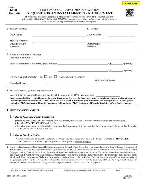 Form D-100 - Fill Out, Sign Online and Download Fillable PDF, Hawaii ...
