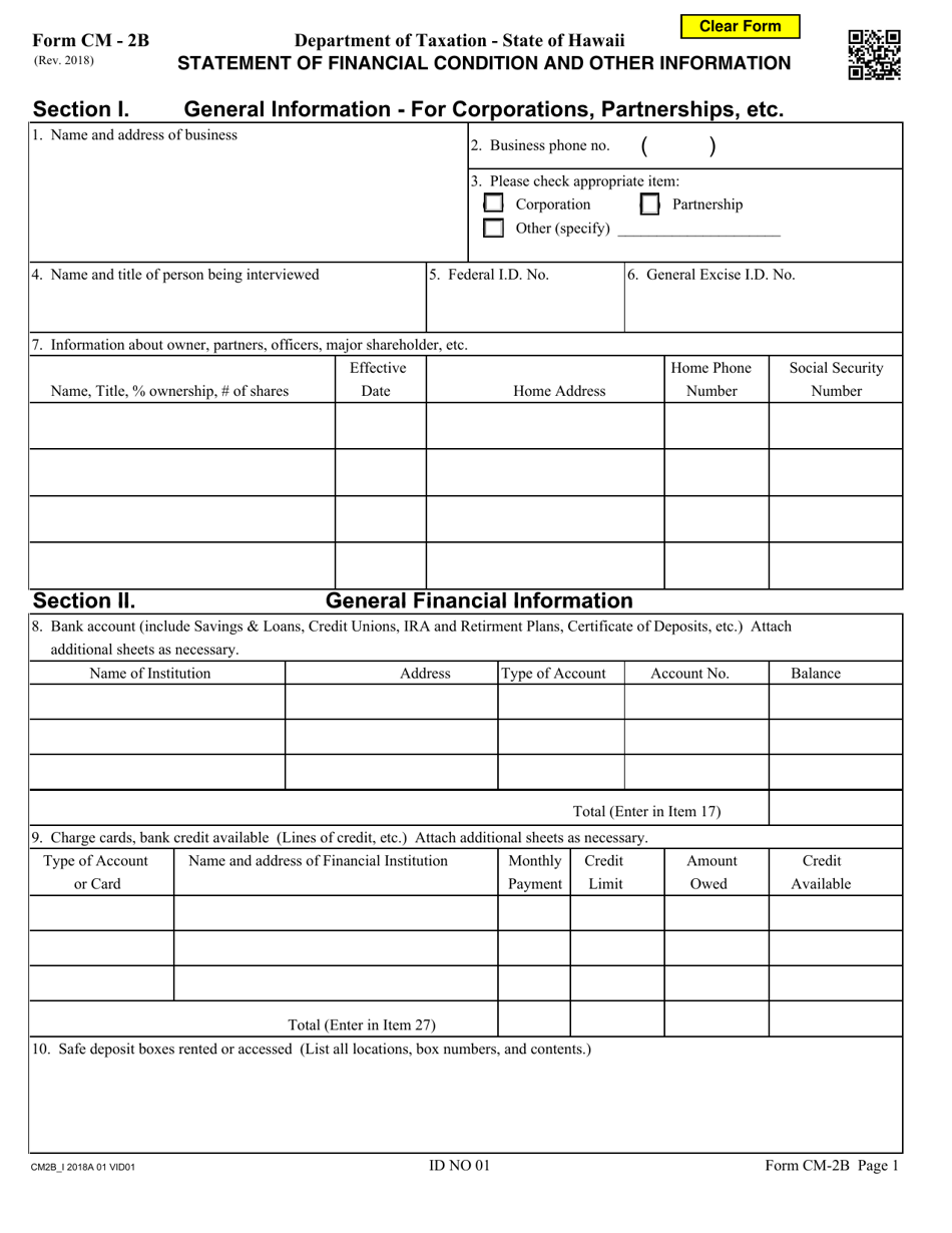 Form CM-2B Statement of Financial Condition and Other Information - for Corporations, Partnerships, Etc. - Hawaii, Page 1