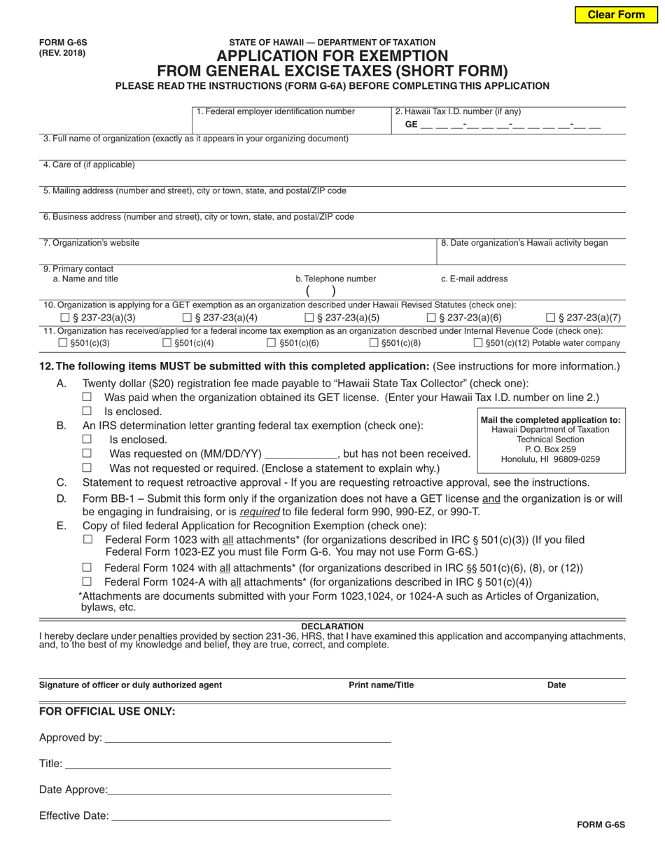 Form G-6S Application for Exemption From General Excise Taxes (Short Form) - Hawaii, Page 1