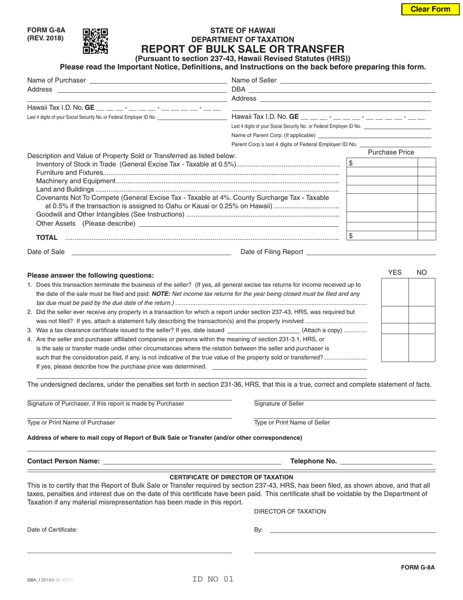 Form G-8A Report of Bulk Sale or Transfer - Hawaii, Page 1