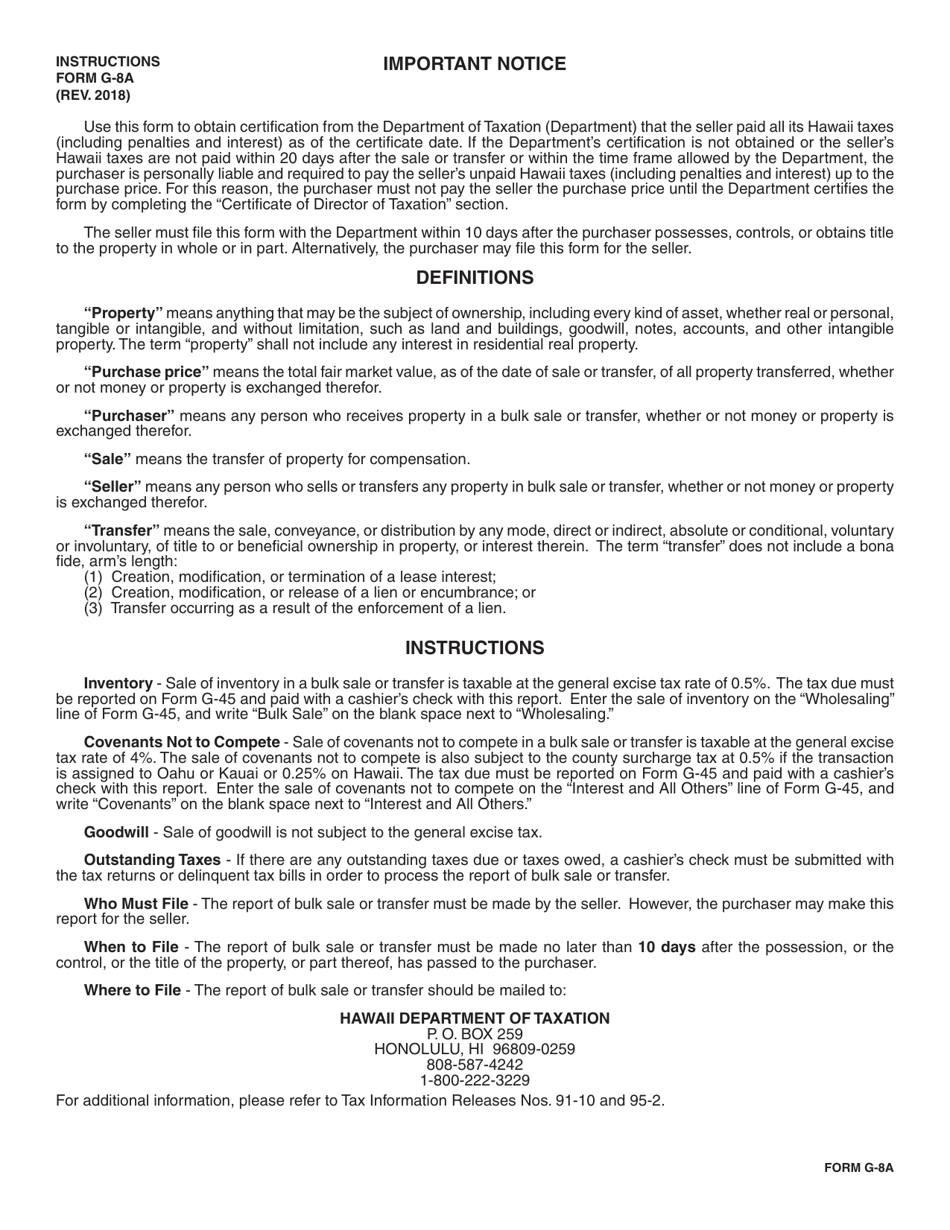 Form G-8A Report of Bulk Sale or Transfer - Hawaii, Page 2