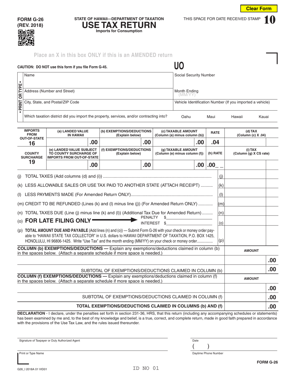 Form G-26 Use Tax Return - Hawaii, Page 1