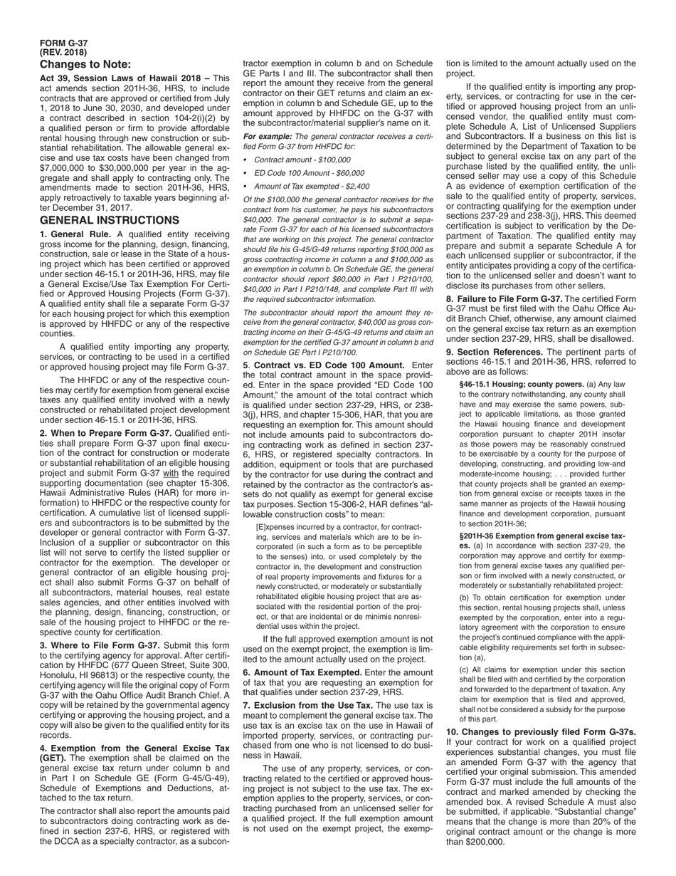 Form G-37 General Excise / Use Tax Exemption for Certified or Approved Housing Projects - Hawaii, Page 2