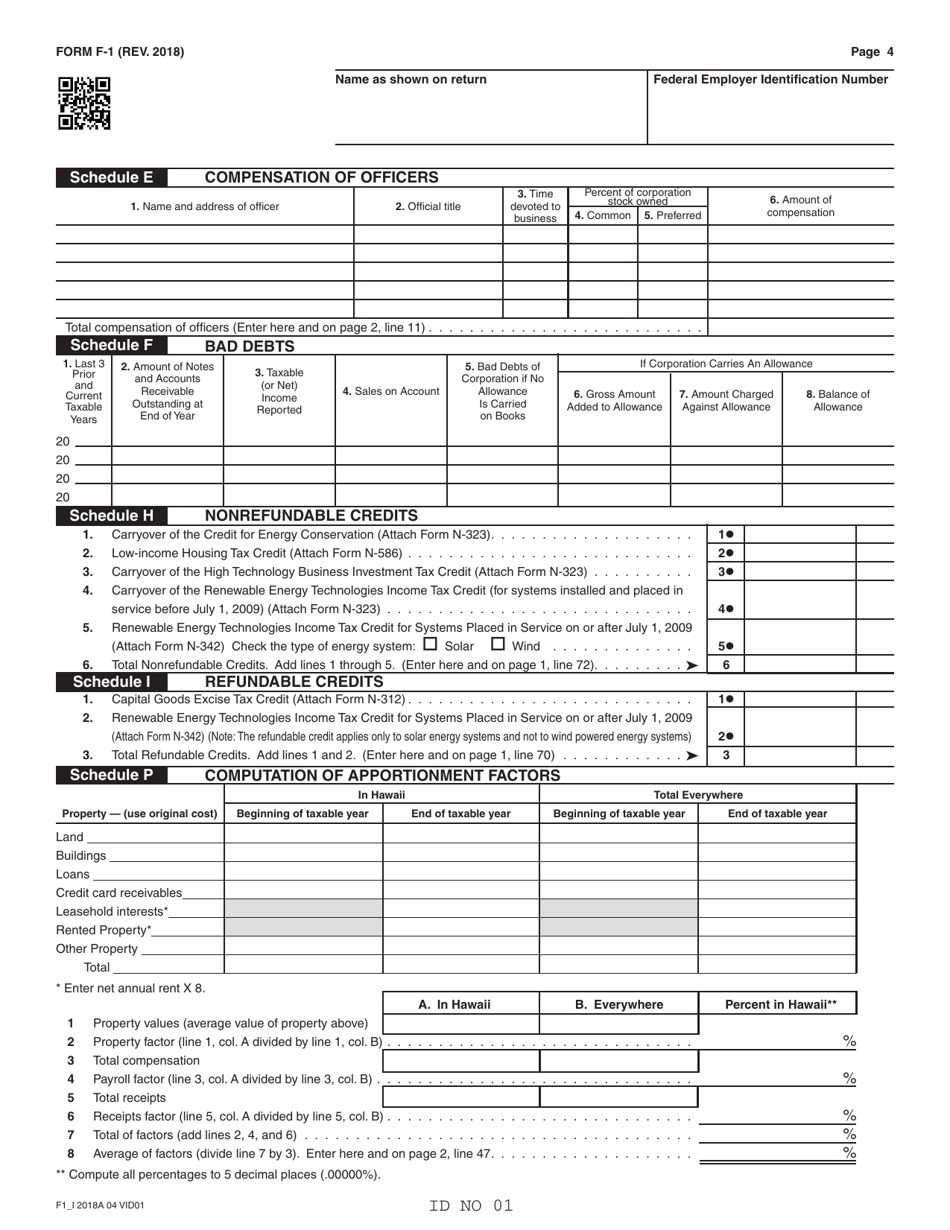 Form F-1 Franchise Tax Return - Banks, Other Financial Corporations, Andsmall Business Investment Companies - Hawaii, Page 4