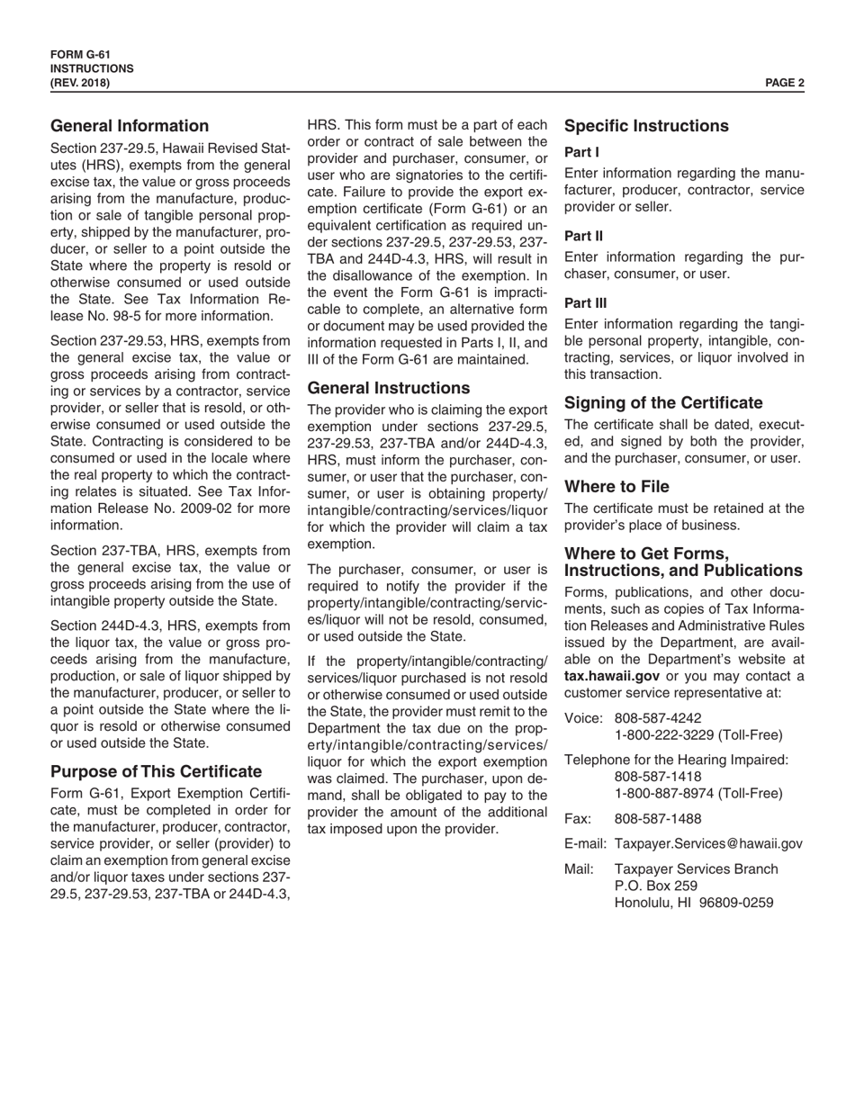 Form G-61 Export Exemption Certificate for General Excise and Liquor Taxes - Hawaii, Page 2