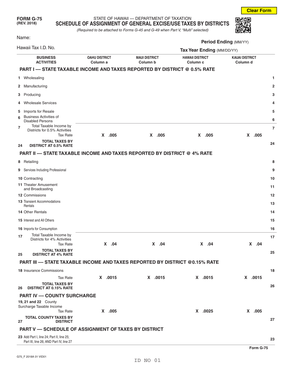 Form G-75 Schedule of Assignment of General Excise / Use Taxes by Districts - Hawaii, Page 1