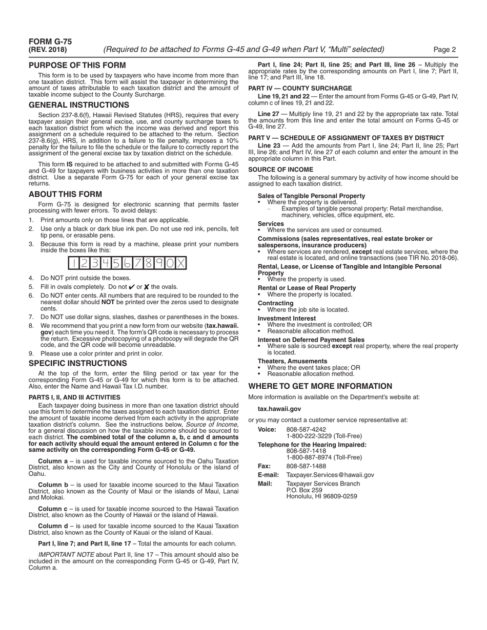 Form G-75 Schedule of Assignment of General Excise / Use Taxes by Districts - Hawaii, Page 2