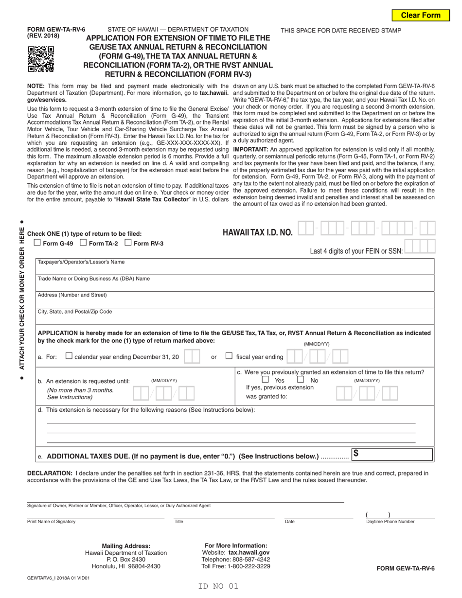 Form GEW-TA-RV-6 Application for Extension of Time to File the Ge / Use Tax Annual Return  Reconciliation (Form G-49), the Ta Tax Annual Return  Reconcilation (Form Ta-2), or the Rvst Annual Return  Reconciliation (Form Rv-3) - Hawaii, Page 1