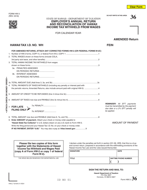 Form HW-3 Employer's Annual Return and Reconciliation of Hawaii Income Tax Withheld From Wages - Hawaii