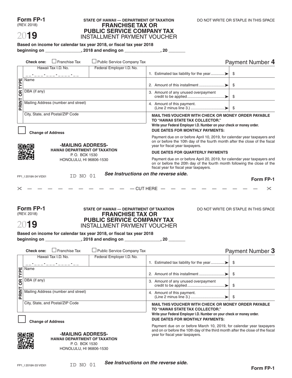 Form FP-1 Franchise Tax or Public Service Company Tax Installment Payment Voucher - Hawaii, Page 3