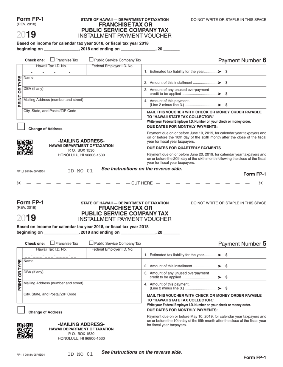 Form FP-1 Franchise Tax or Public Service Company Tax Installment Payment Voucher - Hawaii, Page 5