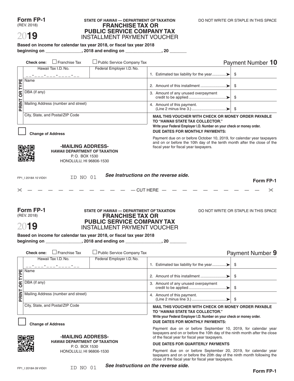 Form FP-1 Franchise Tax or Public Service Company Tax Installment Payment Voucher - Hawaii, Page 9