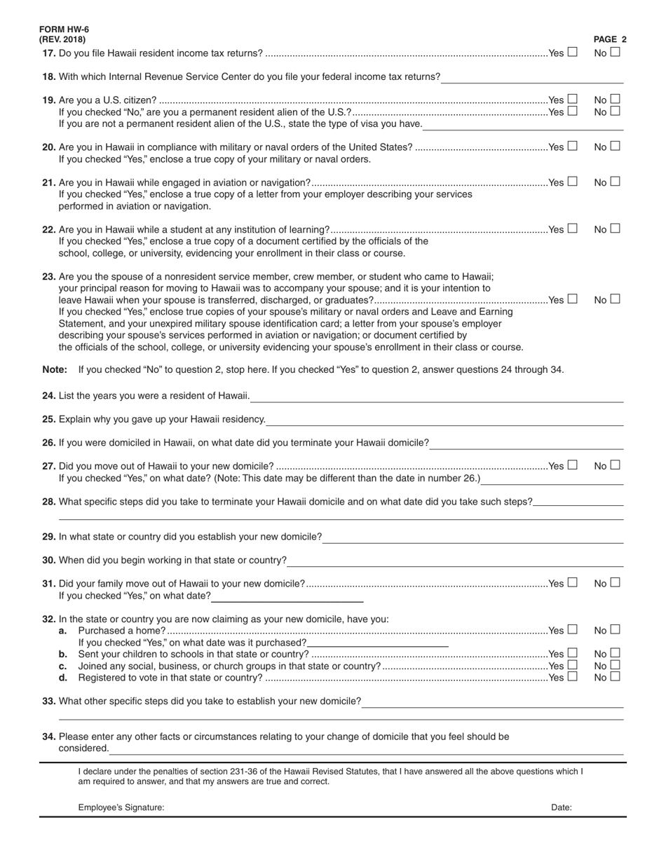 Form HW-6 Employees Statement to Employer Concerning Non-residence in the State of Hawaii - Hawaii, Page 2