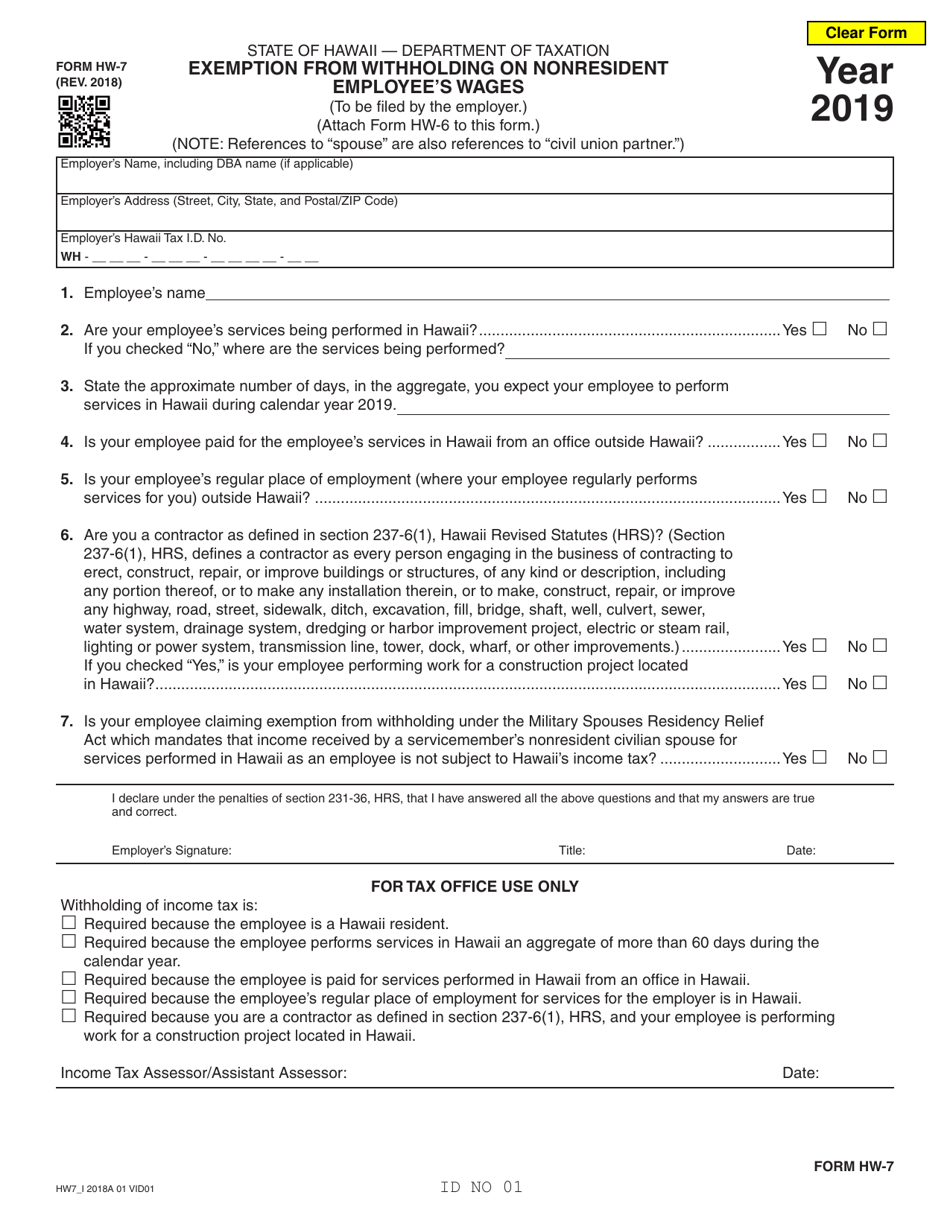 Form HW-7 Exemption From Withholding on Nonresident Employees Wages - Hawaii, Page 1