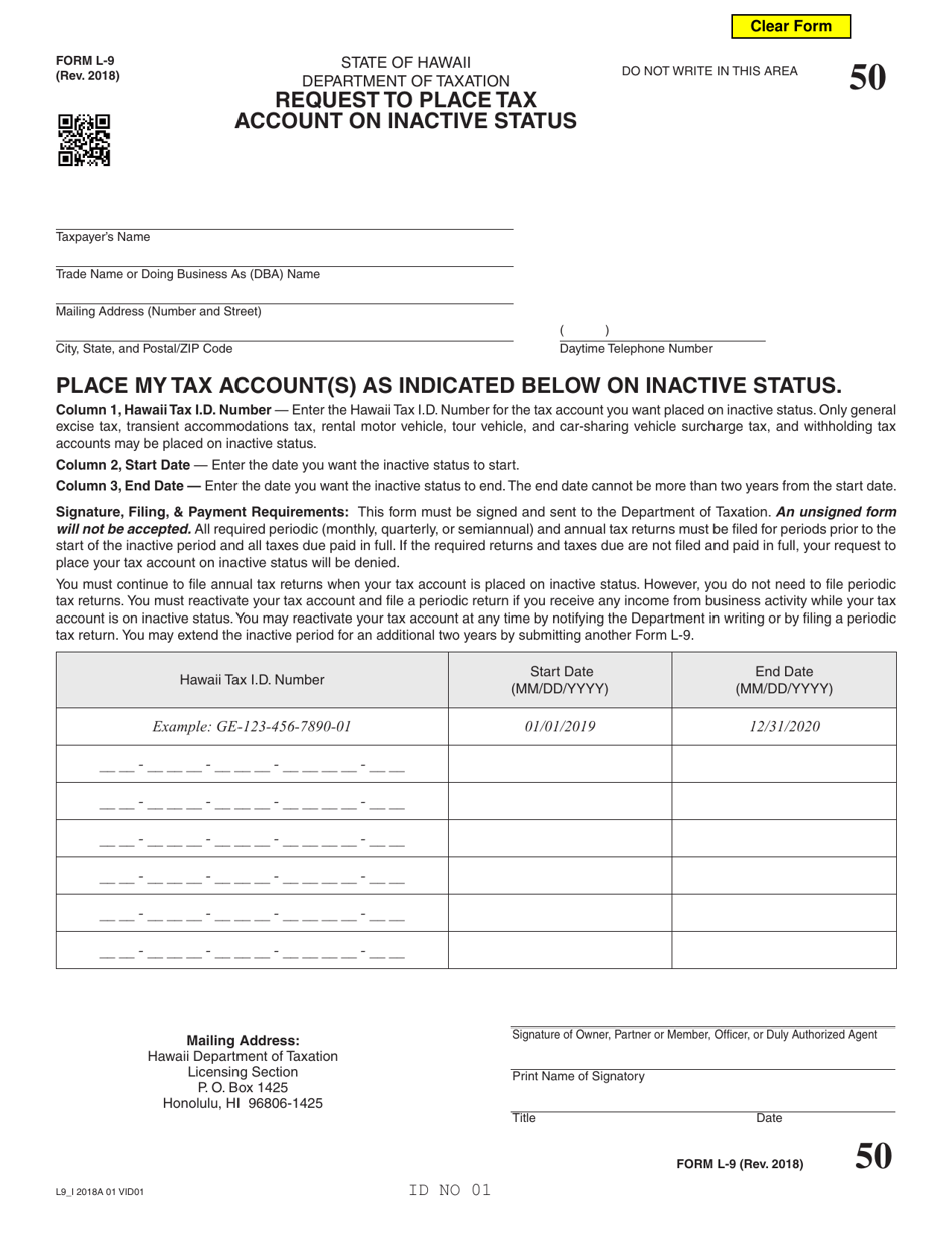 Form L-9 Request to Place Tax Account on Inactive Status - Hawaii, Page 1
