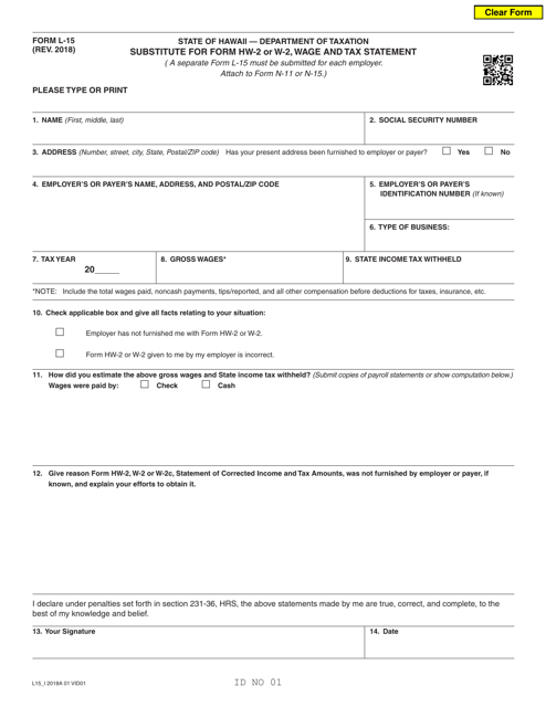 Form L-15 Substitute for Form Hw-2 or W-2, Wage and Tax Statement - Hawaii