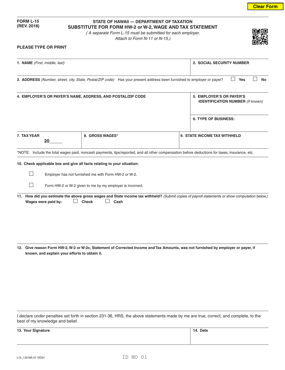 Form L-15 Substitute for Form Hw-2 or W-2, Wage and Tax Statement - Hawaii, Page 1