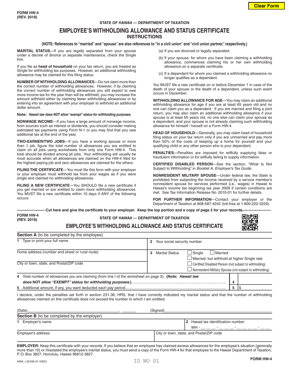 Form HW-4 Employees Withholding Allowance and Status Certificate - Hawaii, Page 1