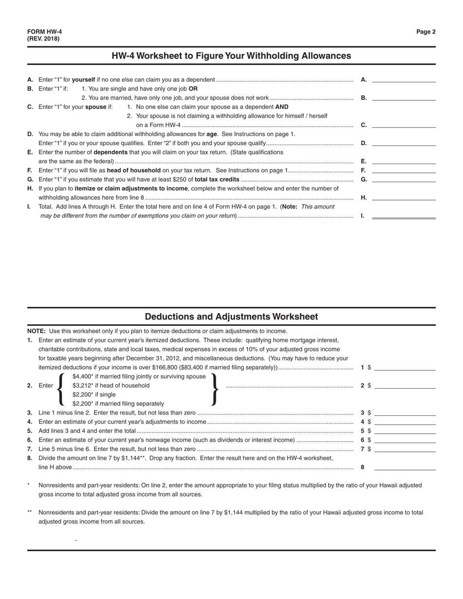 Form HW-4 Employees Withholding Allowance and Status Certificate - Hawaii, Page 2